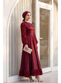 Saten Abiye Eteği Ve Kolları Gül Detaylı Bordo