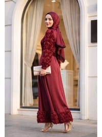 Saten Abiye Eteği Ve Kolları Gül Detaylı Bordo