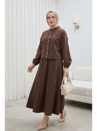 Kolu Lastikli Önü İncili Düğmeli Etekli Modal Takım Kahve