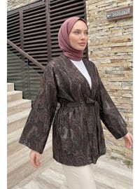 Şal Desen Kuşaklı Kimono 2375 Açık Kahve