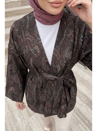 Şal Desen Kuşaklı Kimono 2375 Açık Kahve