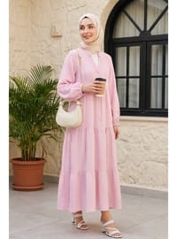 V Yaka Yarım Düğmeli Kolu Lastikli Parçalı Müslin Elbise Pembe