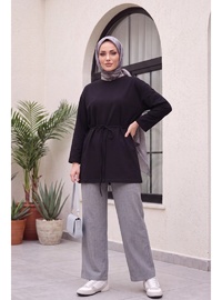 Yuvarlak Yaka Beli Bağlamalı Penye Tunik Siyah