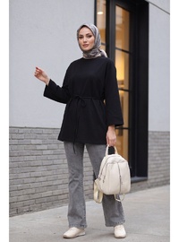 Yuvarlak Yaka Beli Bağlamalı Penye Tunik Siyah